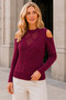 Women's Crew Neck Long Sleeve Off Shoulder Hair Braided Small Pompom Stylish Casual Burgundy Knitwear Sweater - 5