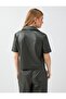 Khaki Button Detailed Short Sleeve Leather Look Shirt - 5