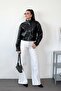 Women's Stand Collar Double Pocket Zippered Leather Coat Black - 27K 141 - 3