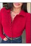 Women's Red Polo Collar Buttoned Knitwear Sweater – Soft Textured Stylish Ribbed Knit
