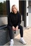 Women's Basic Hooded 3 Thread Regular Fit Black Sweatshirt with Kangaroo Pocket - 2