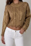 Women's Gold Glittery Hair Braid Detailed Ripped Effect Tasseled Crop Knit Sweater