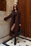 Women's Brown Double-Breasted Collar Wool Textured Belted Oversize Cashmere Coat - 5