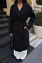 Women's Black Double-Breasted Collar Wool Textured Belted Oversize Cashmere Coat - 6