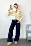 Women's Stand Collar Plush Coat with Arma Detail White - 5040 - 3