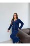 Navy Blue Ruffle Detailed Buttoned Cotton Pajama Set - 6