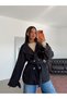 High Collar Belted Trench Coat - Black - 3