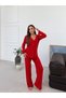 Red ruffle detailed buttoned cotton pajama set - 5