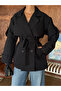 Women's Black Double-Breasted Collared Belted Short Oversized Trench Coat - 7