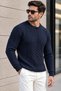 Hair Knit Crew Neck Wool Blend Men's Knitwear Sweater - Navy Blue - 4