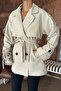 Women's Beige Double-Breasted Collar Belted Short Oversize Trench Coat - 4