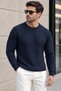 Hair Knit Crew Neck Wool Blend Men's Knitwear Sweater - Navy Blue