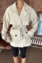 Women's Beige Double-Breasted Collar Belted Short Oversize Trench Coat - 5