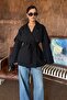 Women's Black Double-Breasted Collared Belted Short Oversized Trench Coat - 6