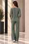 Women's One-Shoulder Diagonal Stripe Detailed Three-Quarter Sleeves Ribbed Viscose Two-Thread Blouse Trousers Two-Piece Set - 3