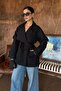 Women's Black Double-Breasted Collared Belted Short Oversized Trench Coat - 2