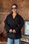 Women's Black Double-Breasted Collared Belted Short Oversized Trench Coat - 4