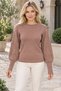 Women's Round Neck Long Sleeve Balloon Sleeve Openwork Cuff and Ribbed Knit Detailed Stylish Elegant Casual Cinnamon Knitwear Sweater - 2