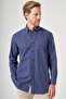 White-Navy Blue Buttoned Collar Long Sleeve Pocketless Slim Fit 100% Cotton Shirt 1004260204