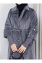Fox Fabric Button Detail Double-Breasted Collar Soft Textured Women's Long Tunic Coat - 6