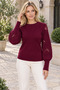 Women's Round Neck Long Sleeve Balloon Sleeve Openwork Cuff and Ribbed Knit Detailed Stylish Elegant Casual Burgundy Knitwear Sweater - 5