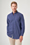White-Navy Blue Buttoned Collar Long Sleeve Pocketless Slim Fit 100% Cotton Shirt 1004260204 - 3