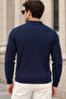 Men's Hair Braided Patterned Long Sleeve Polo Collar Knitwear Sweater - Navy Blue - 3