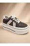 --Women's Brown Suede Leather Platform Sneaker – Cream Double Stripe, Thick Sole - 5