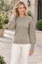 Women's Round Neck Long Sleeve Balloon Sleeve Openwork Cuff and Ribbed Knit Detailed Stylish Elegant Casual Mink Knitwear Sweater - 6