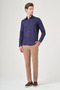 Navy Blue Hard Collar Long Sleeve Pocketless Satin Slim Fit 100% Cotton Shirt 1004260424 - 2