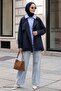 Striped Garnished Navy Blue Lined Trench Coat - 2