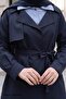 Striped Garnished Navy Blue Lined Trench Coat - 3