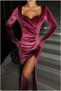 Velvet Slit V Fabric Dress with Collar and Long Sleeves - 3