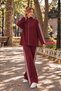 Women's Zippered Striped Pique Knit Pants and Knitwear Set - 3