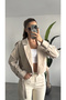 Women's Cream Short Length Crop Belted Double Breasted Trench Coat Jacket Long Sleeve Belted Stylish Casual Outerwear - 5