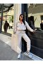 Women's Beige High Collar Half-Zip Sweatshirt Pants Set - 3