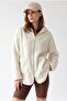 2233 Hooded Pocket Zippered Soft Textured Fleece Sweatshirt Ecru - 3