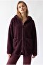 2233 Hooded Pocket Zippered Soft Textured Fleece Sweatshirt Plum