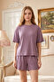 Women's Short Sleeve Shorts Ribbed Textured Lyocell Fabric Pajama Set 250084 Dark Purple - 3