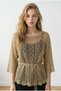 Women's Gold Silvery Yarn Knitted Openwork Waist Tie Detail Tricot Blouse Yy101434