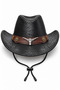 Women's Cowboy Hat Leather Look Metal Bull Figure Drawstring Western Hat - 2