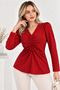 Red Gathered Front V-Neck Long Sleeve Blouse