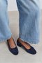 Esther Navy Blue Suede Leather Bow Detail Thick Heel Women's Ballerinas - 7