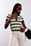 Brown Striped Buttoned Short Sleeve Knitwear 4752 - 2