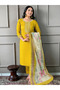 Bright Yellow Straight Kurta Pant Set with Multicolor Printed Dupatta - LRN9460 | Yellow-Size:L-40-Inches