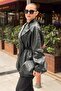 Wide Collar Zipper and Buttoned Leather Trench Coat - 3