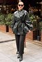 Wide Collar Zipper and Buttoned Leather Trench Coat - 4