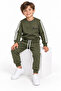 Boy's Khaki 2 Thread Tracksuit Set with Crew Neck, Stripe Detail and Embroidered Bottom and Top Set