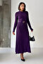 Women's Purple Stylish Belted and Cuff-Button Detailed Long Knit Dress - 2