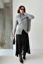 Women's Gray Buttoned Shawl Detailed Slit Premium Quality Knitwear Poncho Sweater - 7